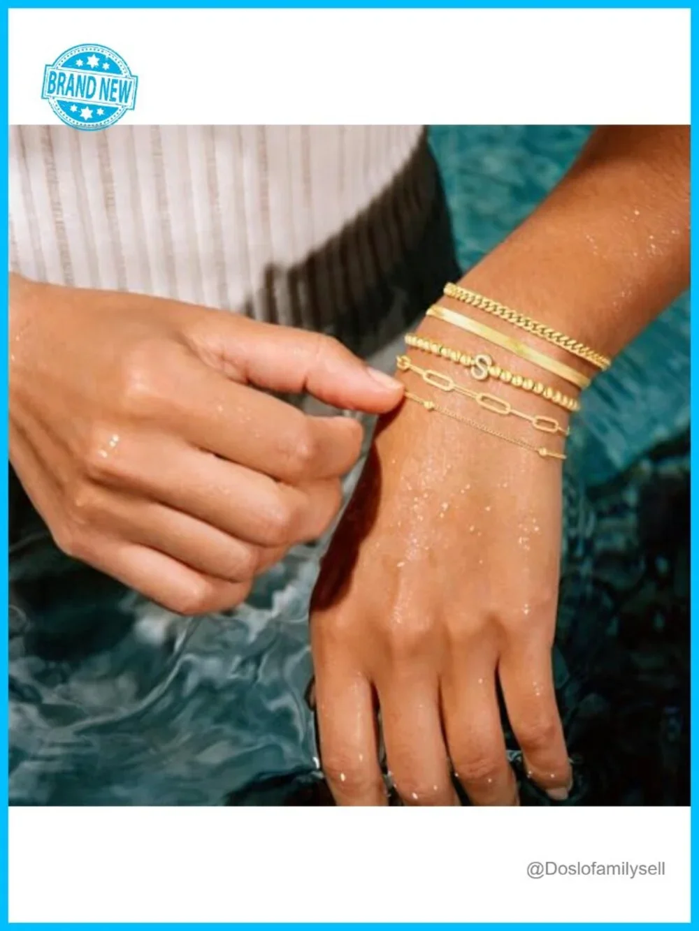 14K Gold Plated Initial Bracelet Set, Paperclip Snake Cuban Beaded Chains,